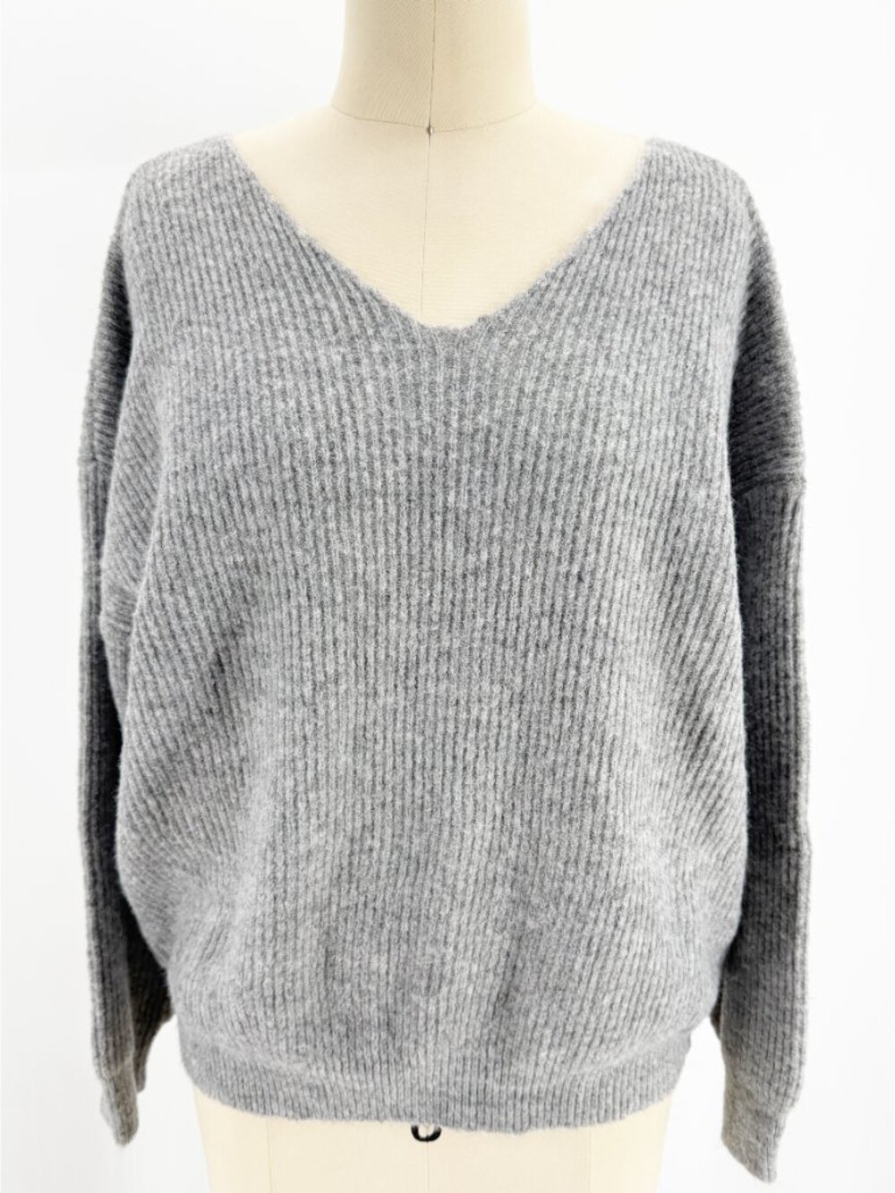 JOYFUNEAR Grey Ribbed V-neck Oversized Sweater Wool Blend XS